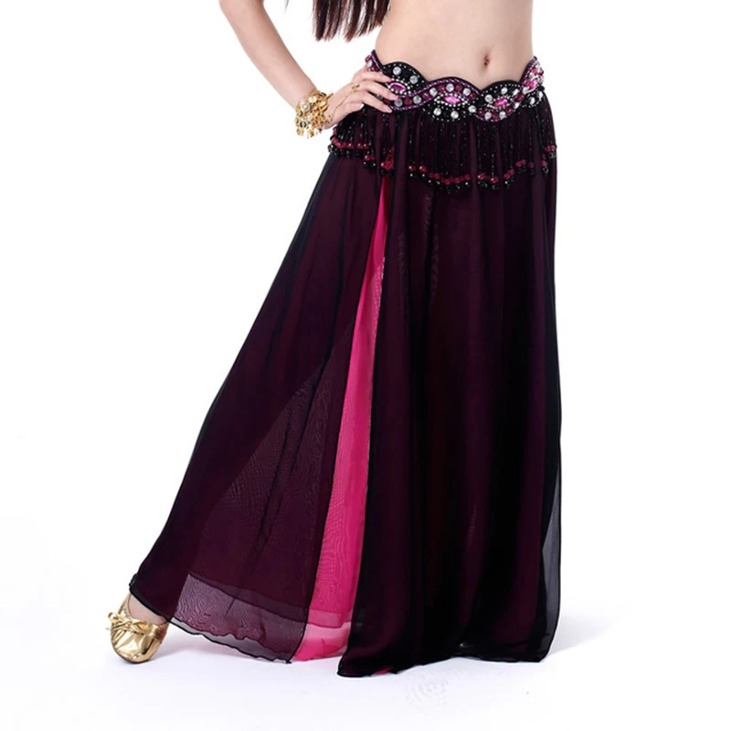 2 Layers Dancewear Double Colors Women Belly Dance Clothing Side Split Full Circle Long Skirt Chiffon Bellydance Skirt