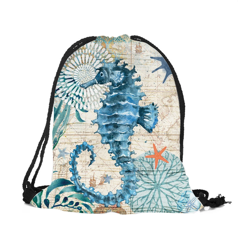 Blue marine animal Women Backpack Seahorse Turtle Octopus 3D Printing Travel Shoulder Bags Mochila Men GYM Sack Drawstring Bag