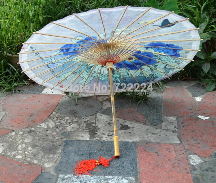 Hot selling elegant chinese classical handmade butterfly blue peony oiled paper umbrella decorative dance props women umbrella