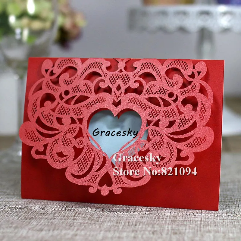 40pcs/lot free shipping Laser die cut 2017 new love heart design wedding invitation cards Text customized RSVP party invitation