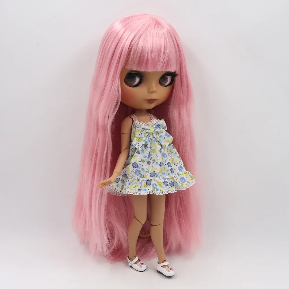 ICY DBS Blyth doll nude doll with dark skin pink long straight hair and matte face joint body BL6022