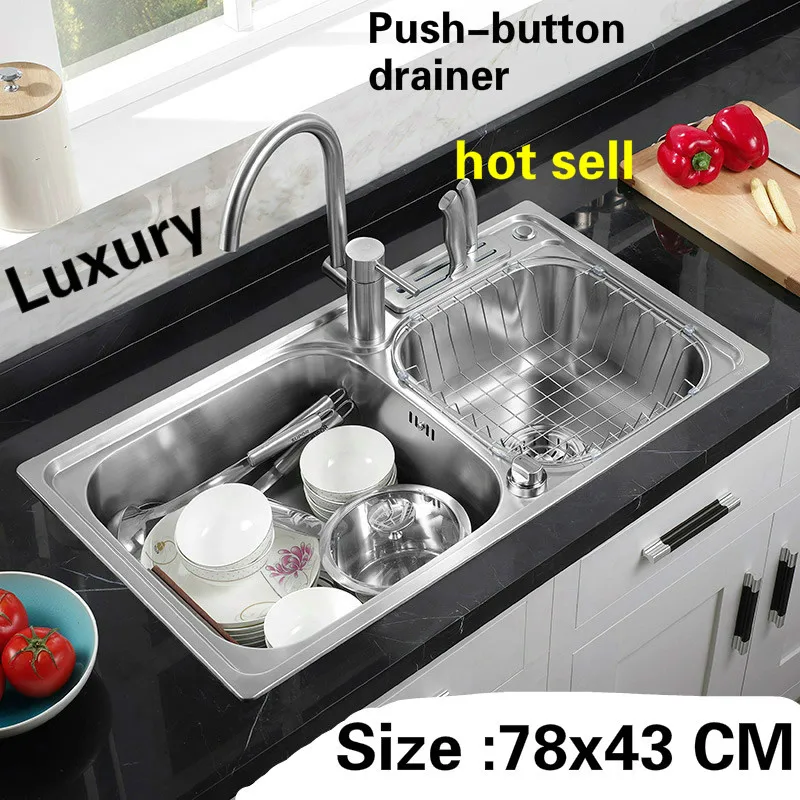 

Free shipping Apartment luxury push-button drainer kitchen double groove sink standard 304 stainless steel hot sell 780x430 MM