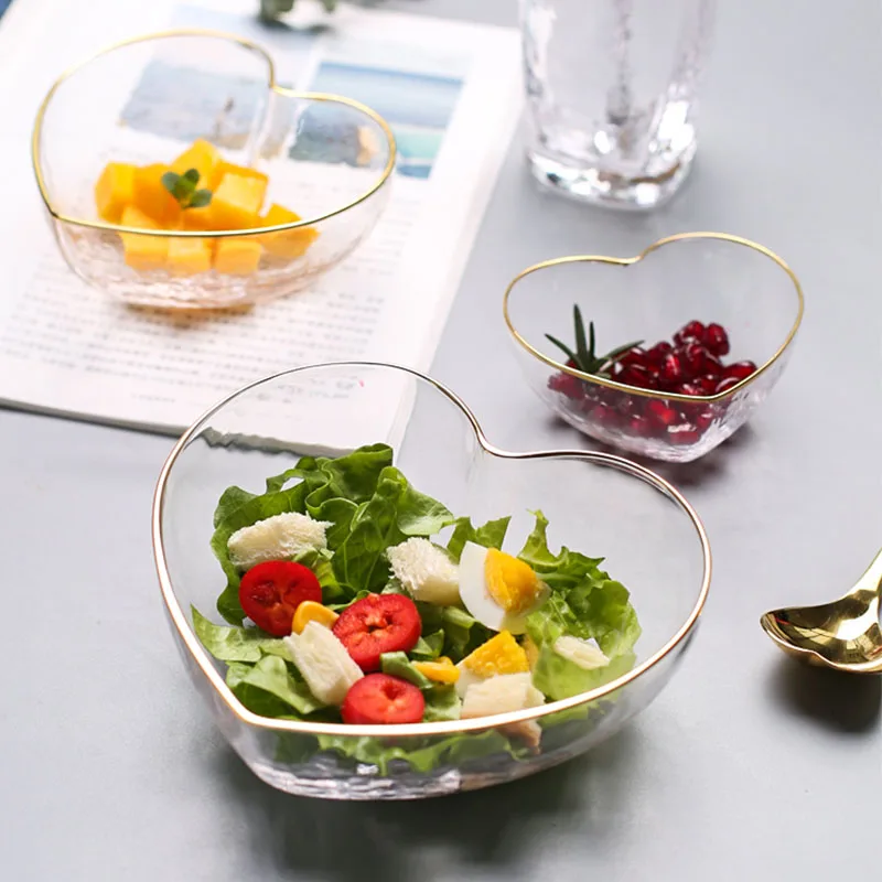 Japanese gold rim glass bowl household salad bowl heart-shaped fruit bowl water cup dessert bowl