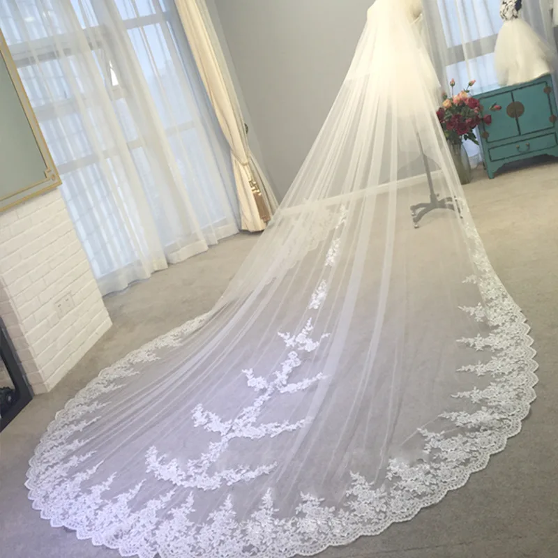 4 Meter White/Ivory One Layer Beautiful Cathedral Length Lace Edge Wedding Veil With Comb Long Bridal Veil Voile Mariage 2023