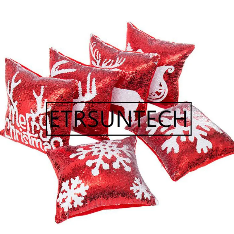 30pcs Mermaid Double Sequin Pillow Case Christmas Snowflake Reindeer Pillowcase Home Sofa Car Cushion Cover Without Core