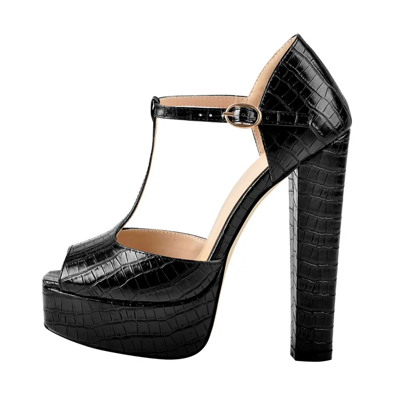 Onlymaker Women T-tied Ankle Strap Peep Toe Platform Chuncky Black 15~16 CM High Heel Sandals Party Dress Casual Shoes