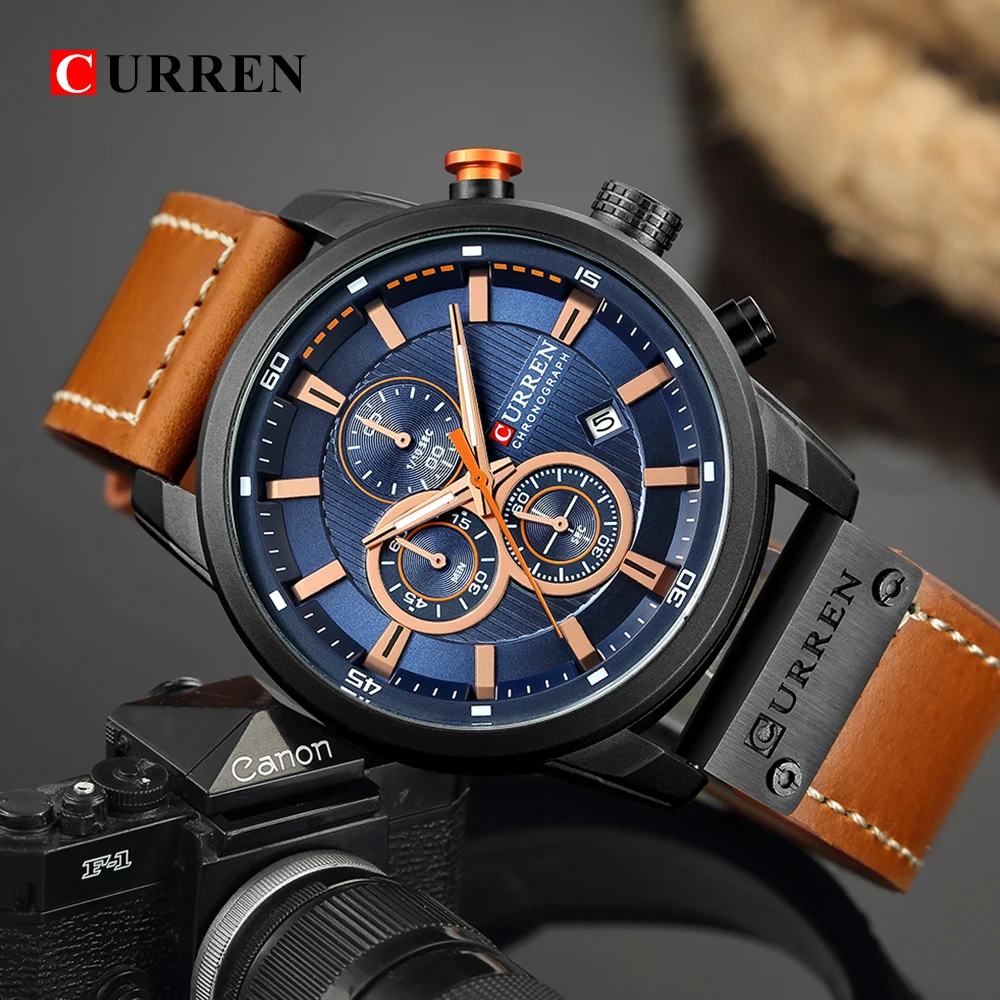 CURREN-Reloj de pulsera de cuarzo con correa de cuero para hombre, cronógrafo de negocios con fecha, informal, marca superior de lujo, a la moda