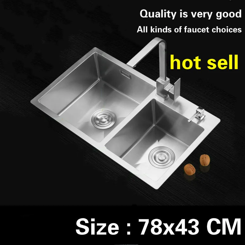 

Free shipping Hot sell handmade food-grade 304 stainless steel kitchen manual sink double groove thickening durable 78x43 CM