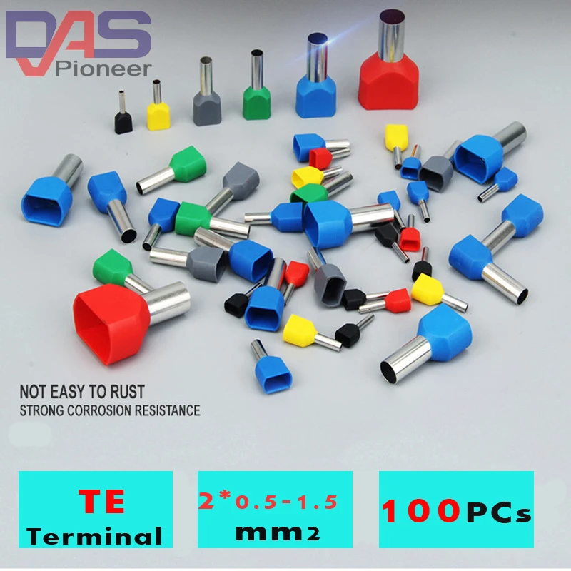 100Pcs Double Cord Terminal Copper Insulated  Crimp terminal TE 0508/ 7508/ 7510/ 1008 /1010/ 1508 /1512 Wires 2x0.5-1.5mm2