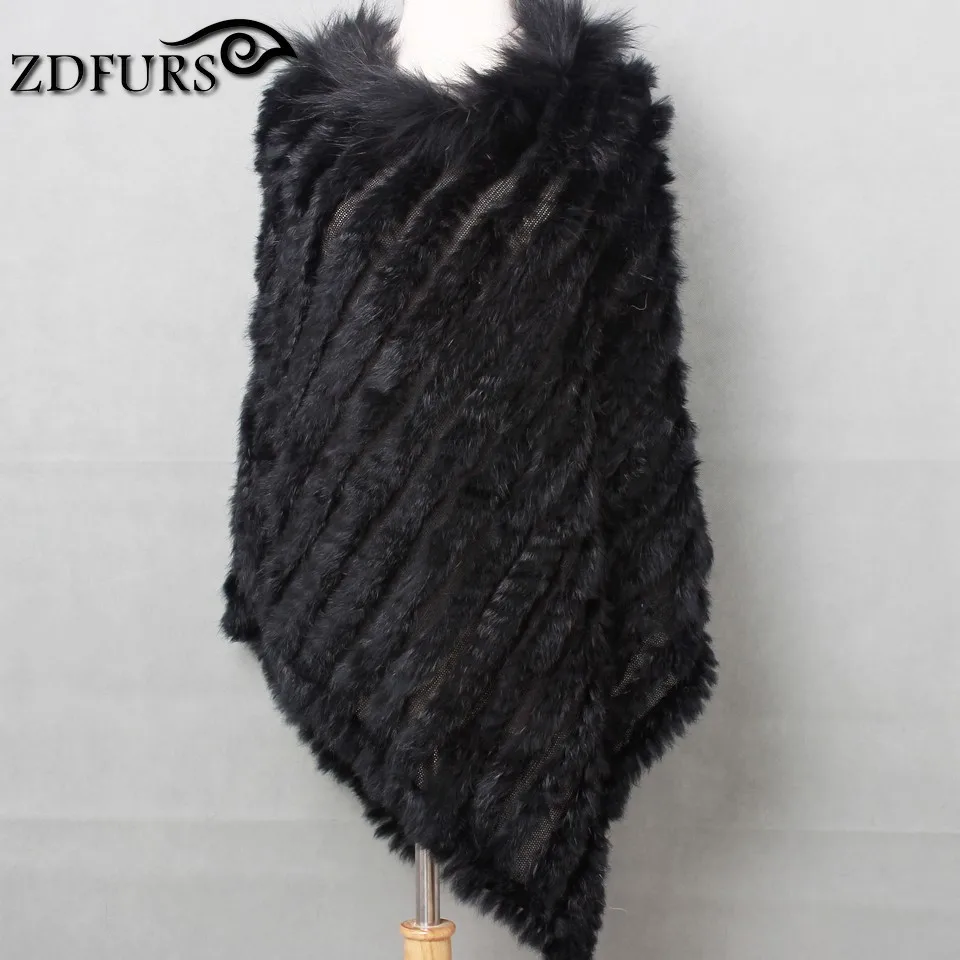 ZDFURS *knitted real rabbit fur poncho plus size raccoon fur collar trim fashion street fur style warps