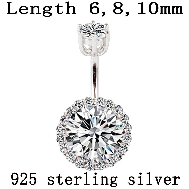 Belly button ring real 925 sterling silver body piercing fine jewelry round zircon not allergic pin length 6 8 10 mm 925 silver