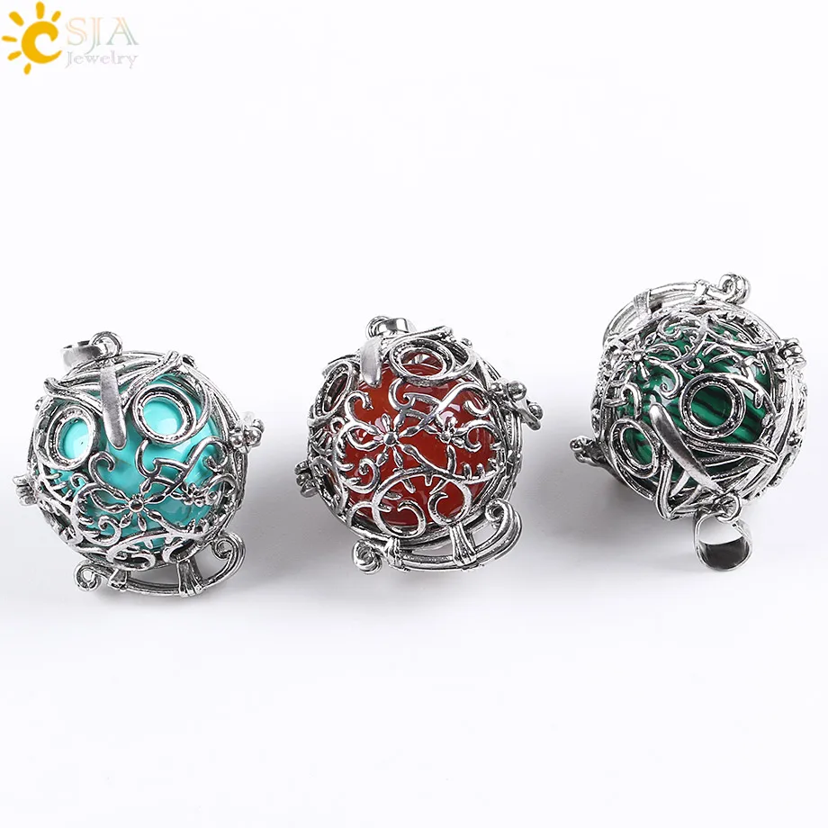 CSJA Cute Owl Openable Locket Pendants Antique Cage Ball Gem Stone Amulet Natural Jewelry Pink Quartz Opal Green Aventurine E683