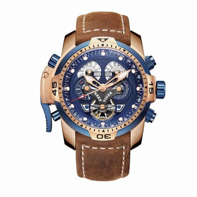 Reef Tiger Aurora Serier RGA3503 Men Sport Military Multifunction Dial Automatic Mechanical Wrist Watch - Leather Watchband