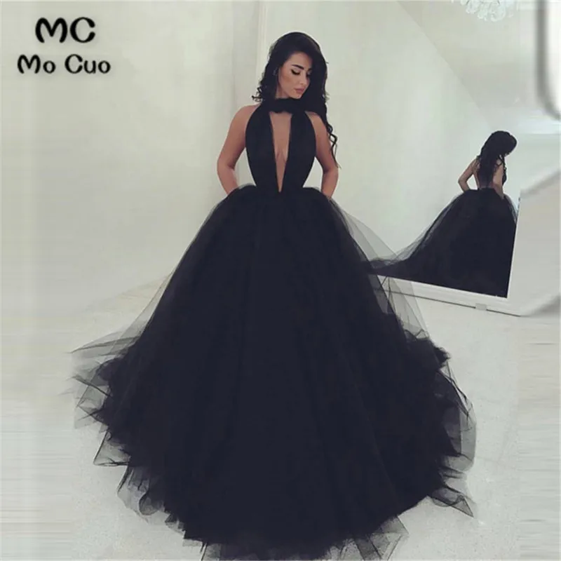 

In Stock Ready to Ship 2023 Ball Gown Evening Dresses Long Deep V Neck Prom Gowns Tulle Black Women Evening Dresses