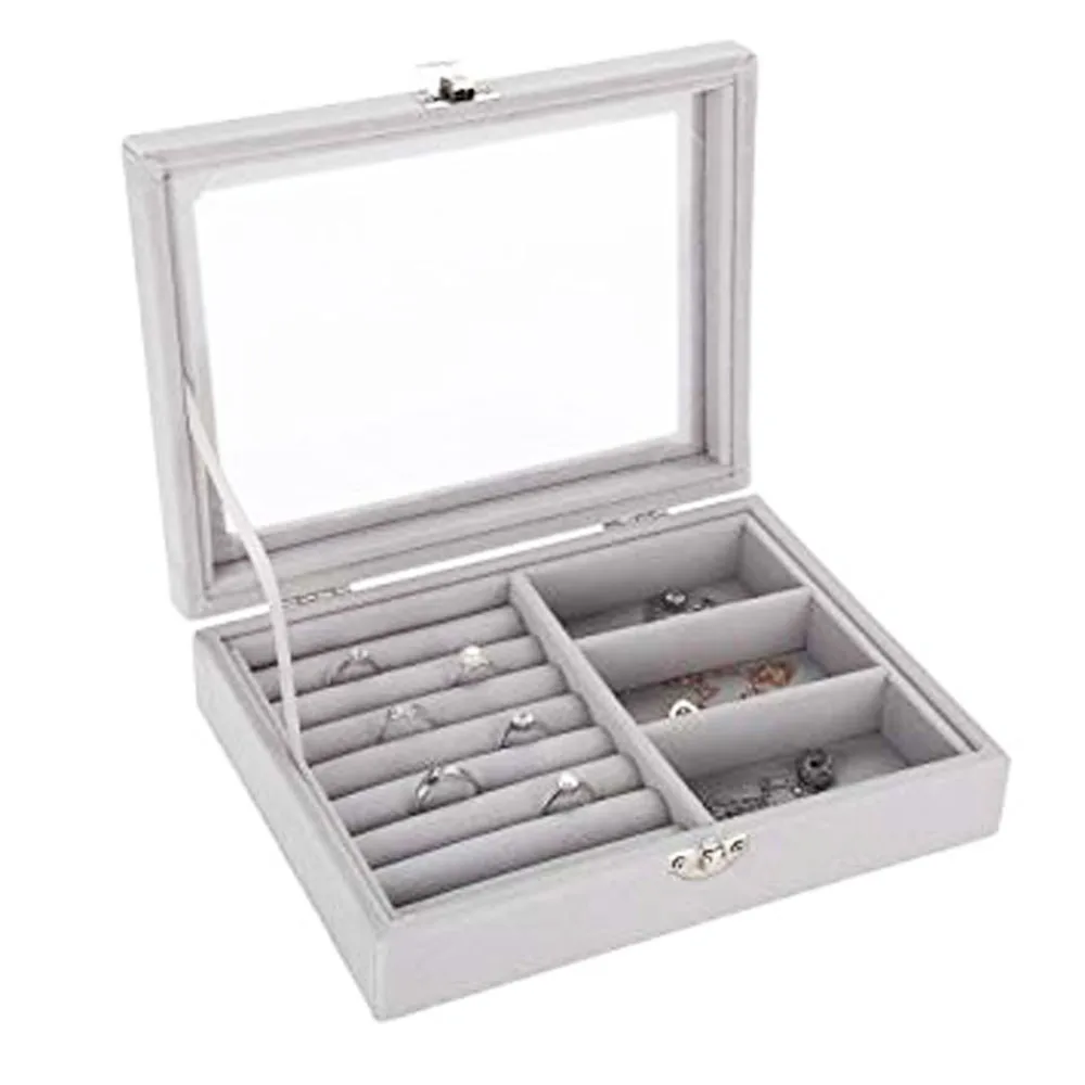 SZanbana Gray Multifunction Velvet Jewelry Display Box Bracelet Metal Lock Tray Holder Storage Organizer Earrings Ring Showcase