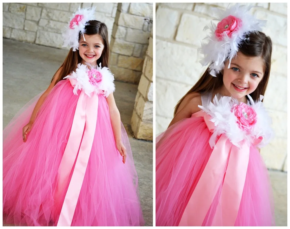 Vestido de tutú de plumas para niñas, vestido de tul de ganchillo con lazo de cinta grande y Diadema de flores, vestido de princesa para niños, novedad