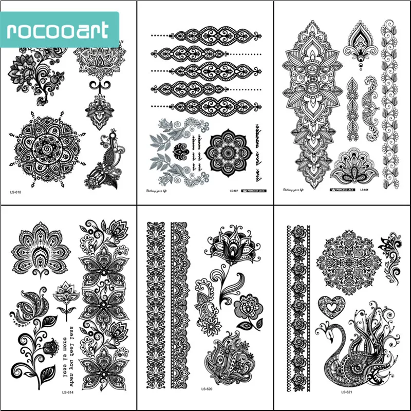 

(Pack of 6 Sheets)Black White Henna Body Temporary Tattoo Designs Mandala Flower Bracelet Henna Hands Tattoo Stickers For Women