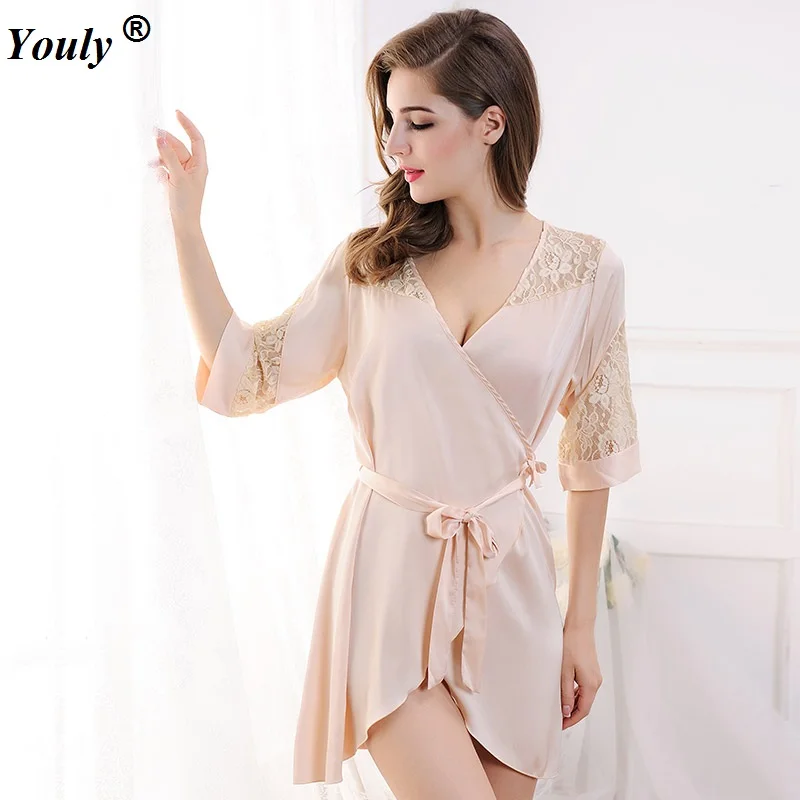 

Sexy Ladies Lace Satin Robe Dress 2021 Solid Soft Nightgown Nightwear Kimono Bathrobe Sleepwear Wedding Bride Bridesmaid Robes