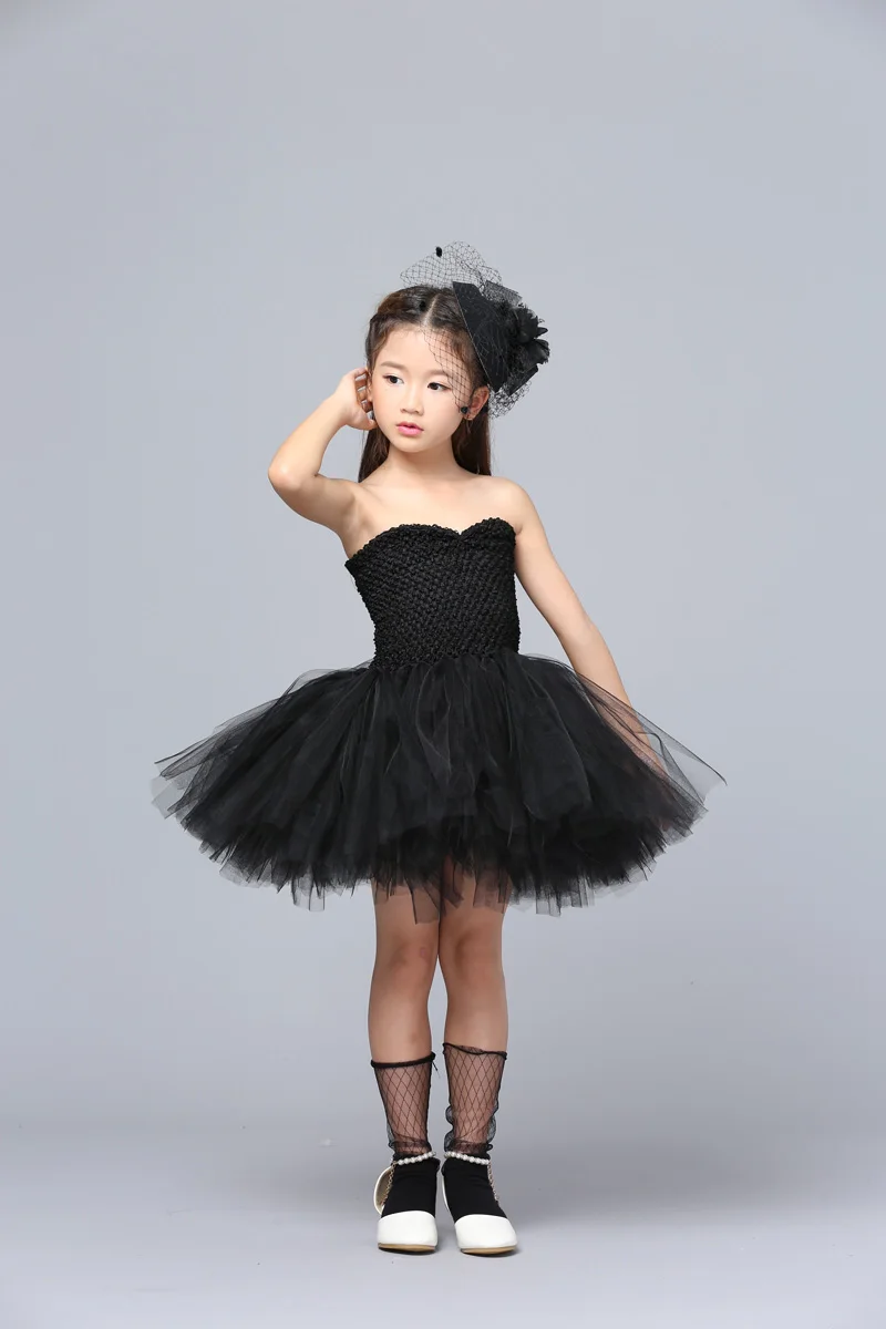 POSH DREAM Black Shoulderless Children Kids Party Clothes with Train Tulle Vintage Black Toddler Baby Girls Halloween Costume