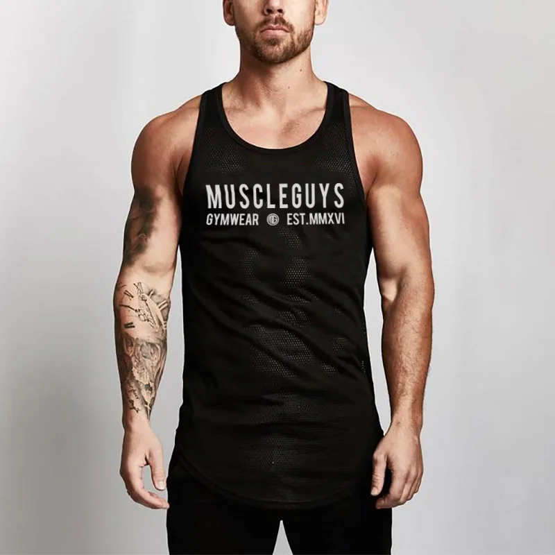 Muscleguys Mens Bodybuilding Tank top Gyms Fitness Sleeveless Shirt 2023 New Male Mesh Clothing Fashion Singlet Vest Undershirt