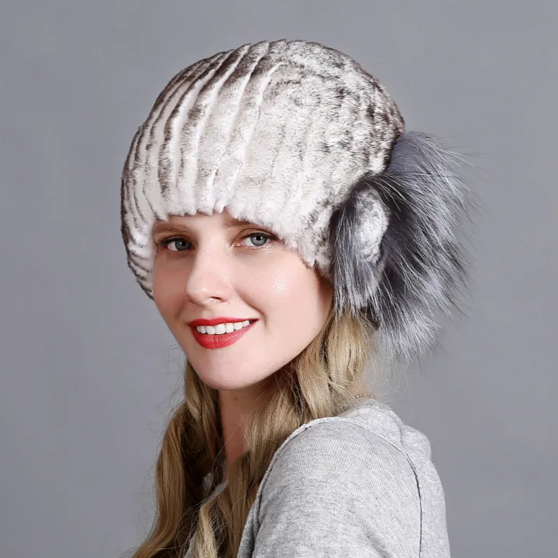

New Rex Rabbit Fur Flower Female Beanies Hat Korean Lady Winter All-match Thickened Warm Cap Female Outdoor Skullies Hats H7031