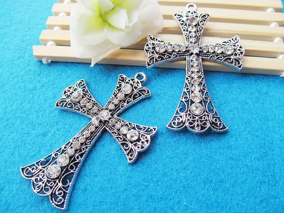 2pcs Large Heavy Good Quality Antique Silver tone Cross Pendant Charm Finding,dotted 21pcs White Rhinestone,DIY Accessory