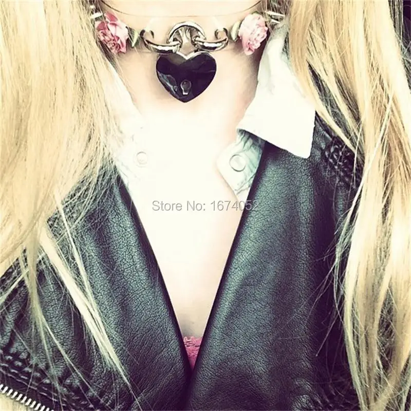 100% Handcrafted Lolita Kawaii Double Row Leather Choker Clear Spikes Spiked Flower Choker Safe heart Lockable Collar Necklace