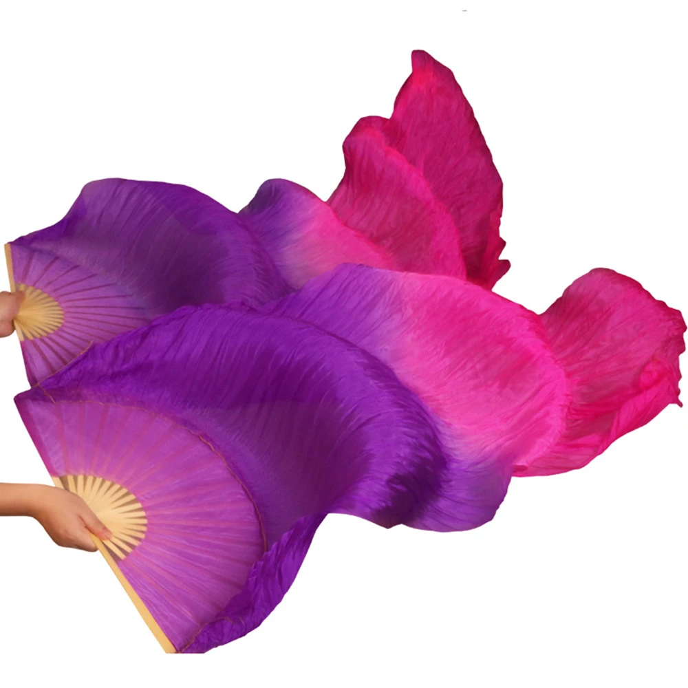 High Quality 100% Real Silk Fabric Fans 1 Pair Bamboo Ribs Handmade Dyed Women Silk Belly Dancing Fans Purple + Rose 180*90 cm