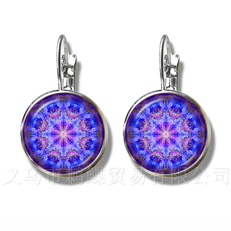 2018 Life Earrings Fashion OM Yoga Chakra Mandala Glass Jewels Sacred Geometric Purple Flower Silver Plated Stud Earrings