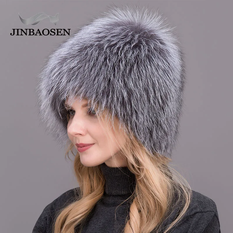 JINBAOSEN  Women's Fur Hat Natural Fox Hat Winter Thic and Warm Ears Fashionable Knitted Ski Caps