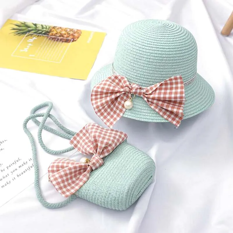 XEONGKVI Korean Pure Color Bowknot Children Sun Hats Bags Suit Summer Brand Wide Brim Beach Straw Hats For Girl Kid Bucket Cap