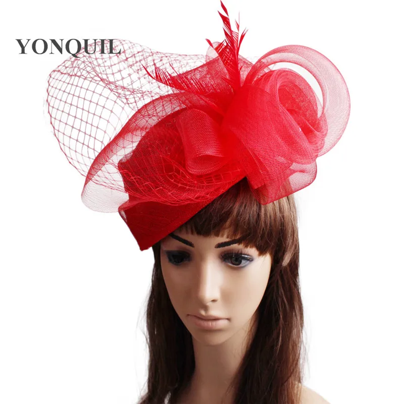 Female Sinamay Fashion Red Fascinator Hats Mesh Elegant Ladies Crinoline Headwear Ocassion Hair Accessory Cocktail Headpiece