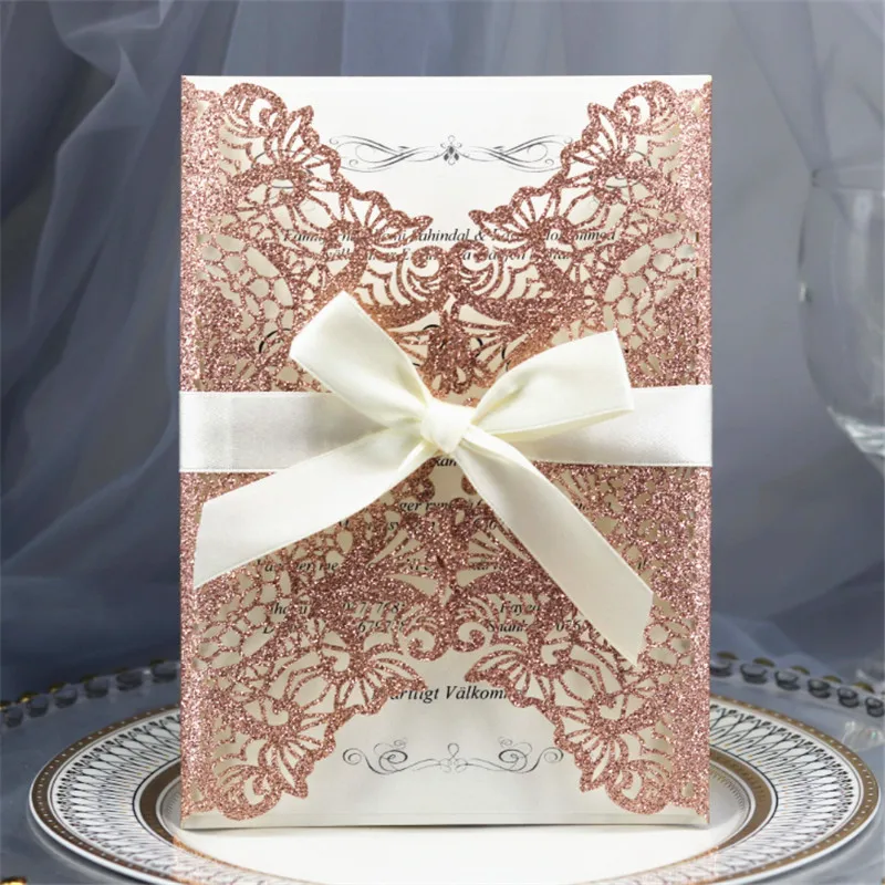 Laser wedding invitations luxury lace glittery paper 50pcs party inviting offer customized printing