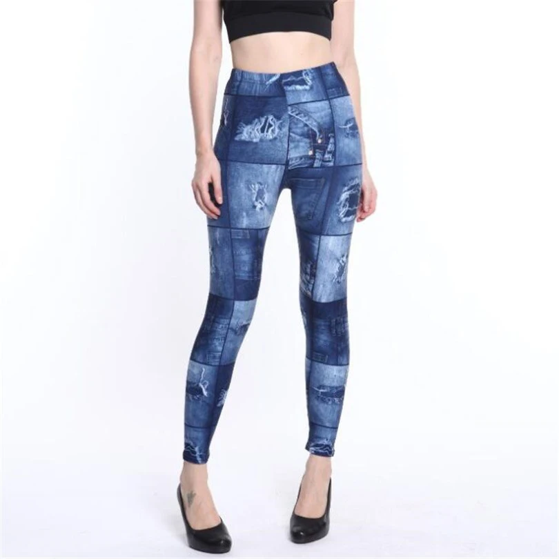 Chsdcsi Musim Panas Dicetak Legging Workout Celana Elastis Tinggi Pinggang Wanita Leggins Faux Denim Jeans Legging Sexy Kebugaran Legging