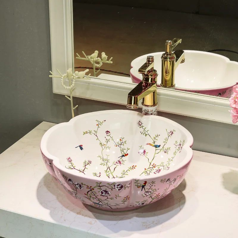 Flower and bird pink color Bathroom Lavabo Ceramic Counter Top Wash Basin Cloakroom Porcelain Vessel Sink wash basin sink