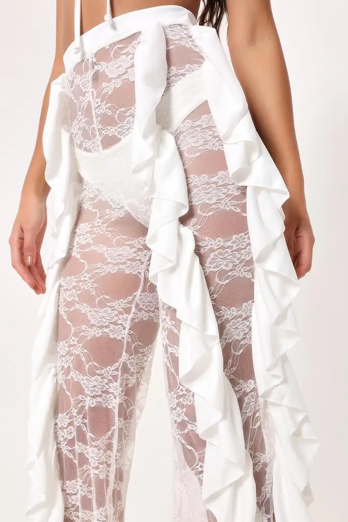 BKLD Sexy Women Beach High Waist Pants New 2025 Ruffles Lace See-through Wide Leg Pants Ladies Sexy Bikini Cover Up Trousers