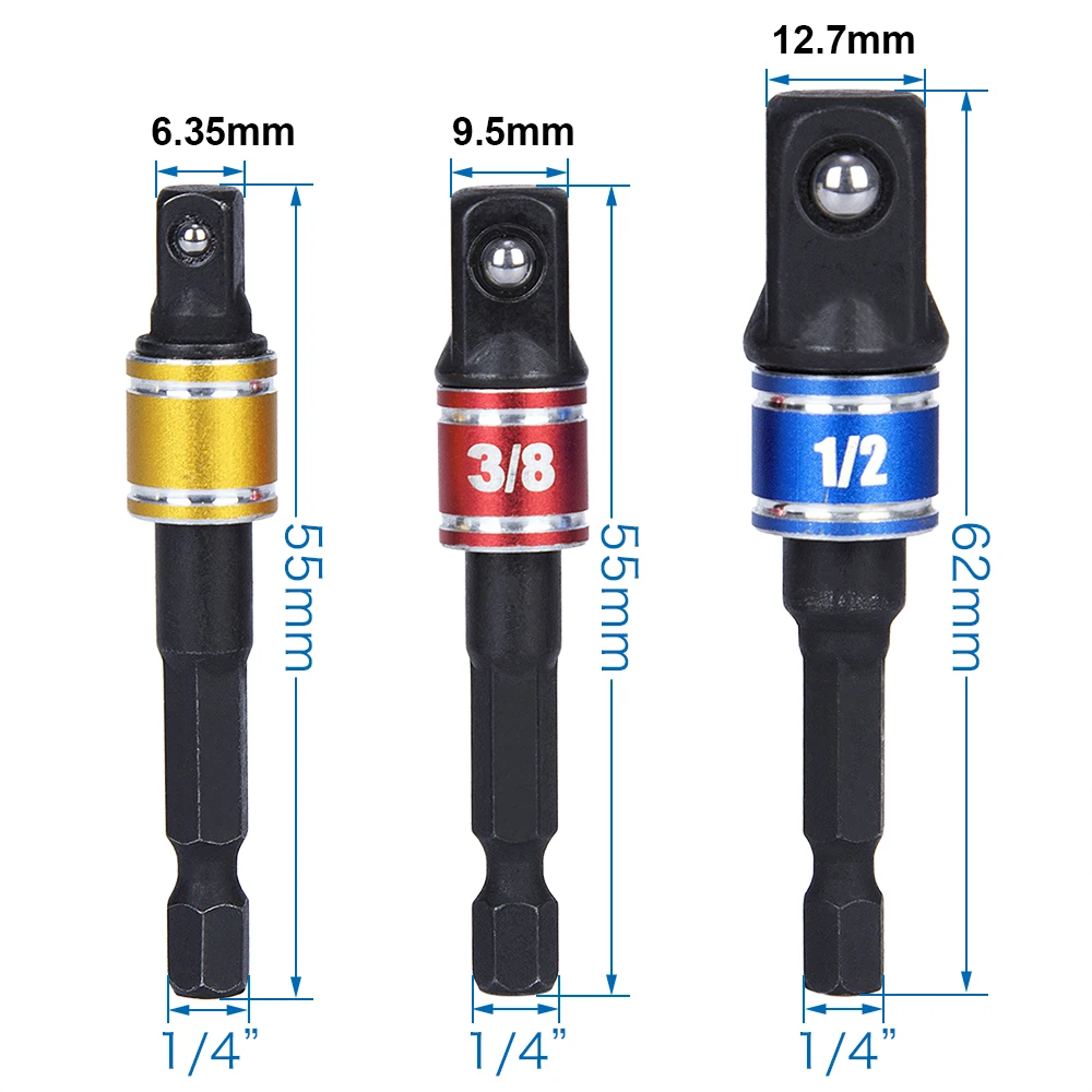 

3pcs 1/4" 3/8" 1/2" Extension Bar Socket Hex Screwdriver Socket Adapter Impact Nut Driver Extender Drill Wrench Sleeve