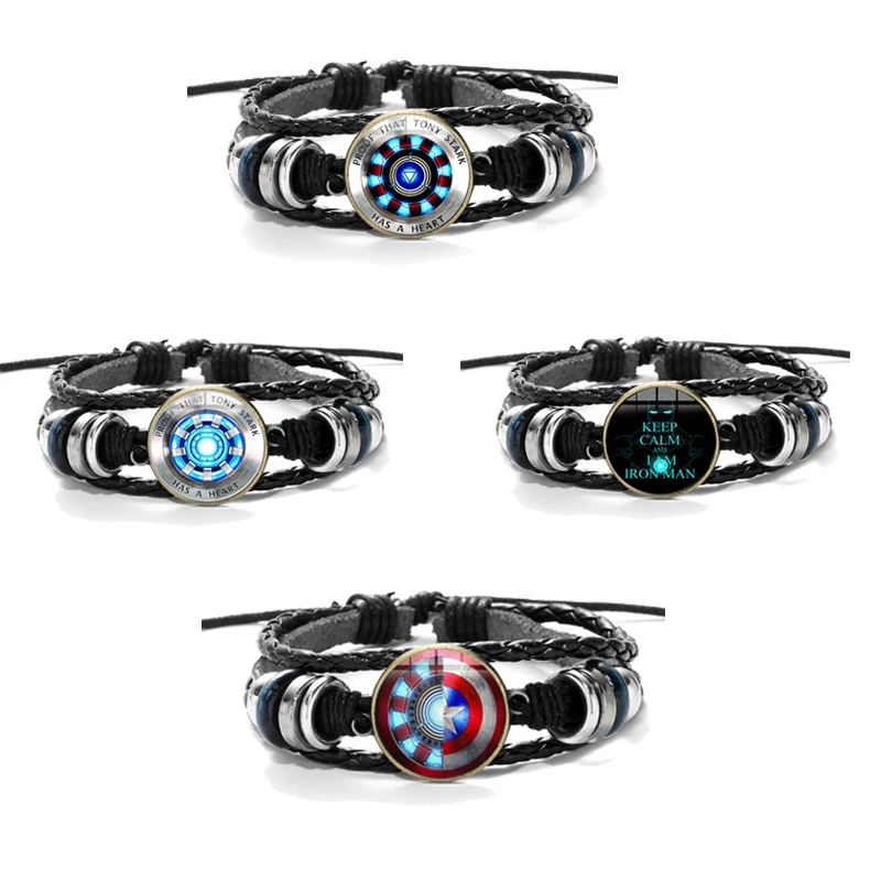 The Avengers Action Figure 3D Marvel bracciale in pelle Iron Man Tony Stark Arc reattore stampato gemma di vetro braccialetto di fascino giocattoli