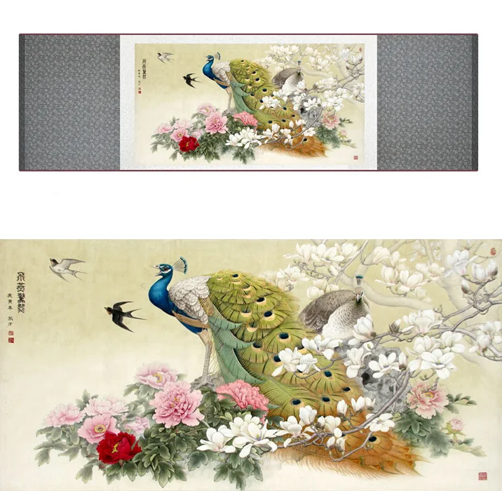 Chinese traditional art painting birds in the water silk scroll painting peacock painting Chinese  wash painting