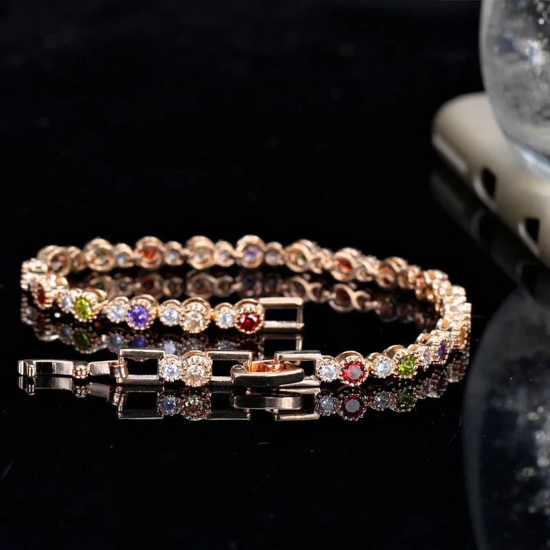 Pera Fashion Ladies Milticolor Paved Connected Round CZ Stone Rose Gold Color Tennis Bracelets for Bridesmaid Jewelry Gift B129