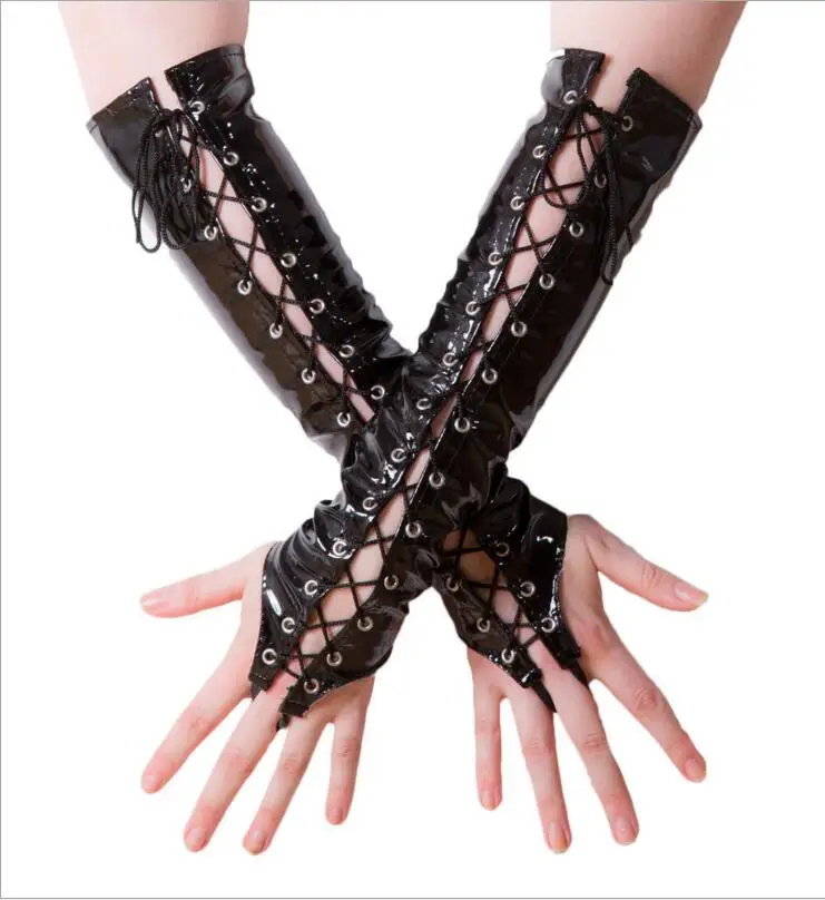 Sexy Long Black Red PVC Women Hanging Gloves Ladies Faux Leather Lacing Gloves Night Club DS Sexy Cosplay Costumes