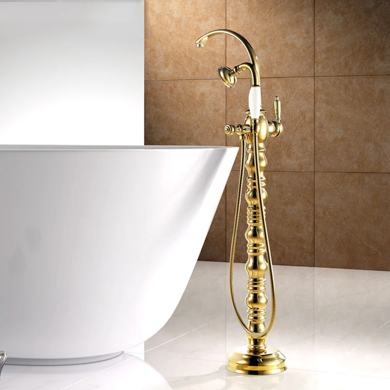 

Bathtub Faucet Brass Golden Floor Stand Bathroom Faucet Set Round Rain Shower Handheld Luxury Telephone Type Mixer Tap