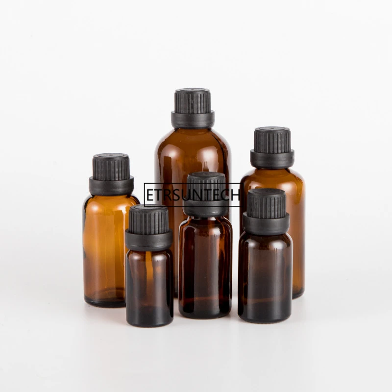 

100pcs 30ml 20ml 15ml 10ml Thick Amber Essential Oil Glass Bottles With Black Cap Glass Containers F2767