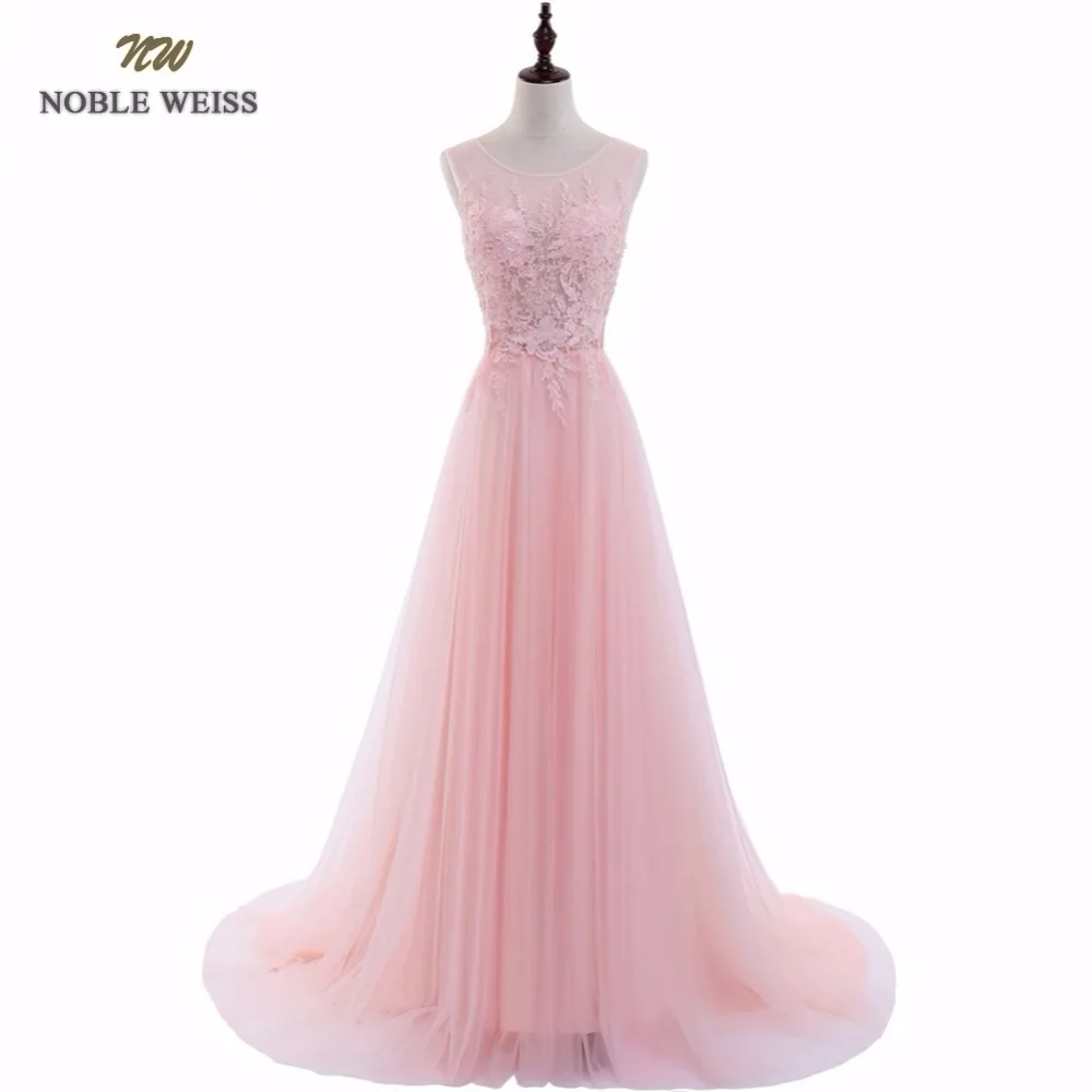 

NOBLE WEISS Sexy O-Neck A-Line Sweep Train Tulle Lace Evening Dress Bare Back Cheap Prom Dresses Robe De Soiree Party Dress