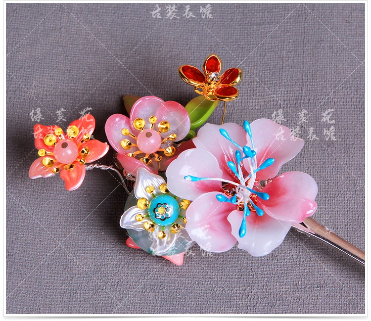 Colored Flower LingLong Jade Plum Blossom Bride Wedding Hair Stick Photography Hair Accessory