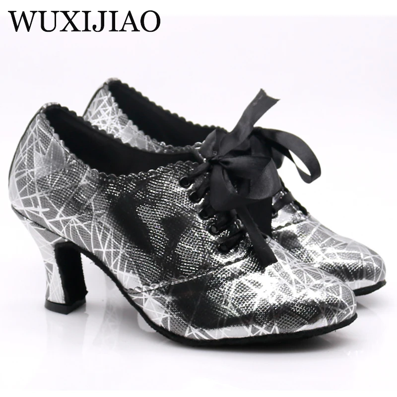 WUXIJIAO New PU Low Heels Black Shoes For Women Closed Toe Jazz Samba Teachers Dance Shoes Ballroom Salsa Latin Dance Shoes