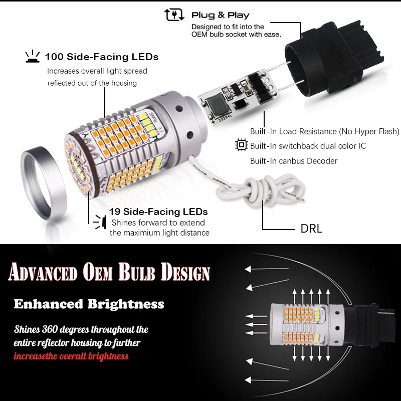 iJDM No Hyper Flash 21W 3156 LED CANbus OBC PY27W T25 LED Switchback White/Amber LED Bulbs For Daytime Running/Turn Signal Light