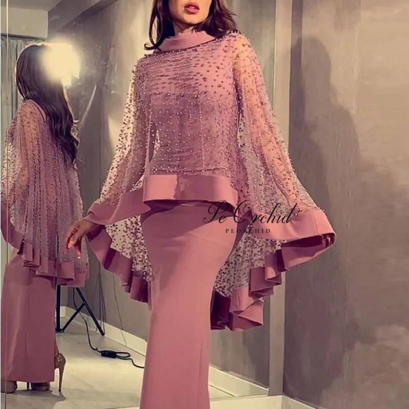 PEORCHI-vestido De noche De satén para mujer, traje elegante De lujo con perlas De capa, estilo Dubai, Glamour De La Mariee, 2019