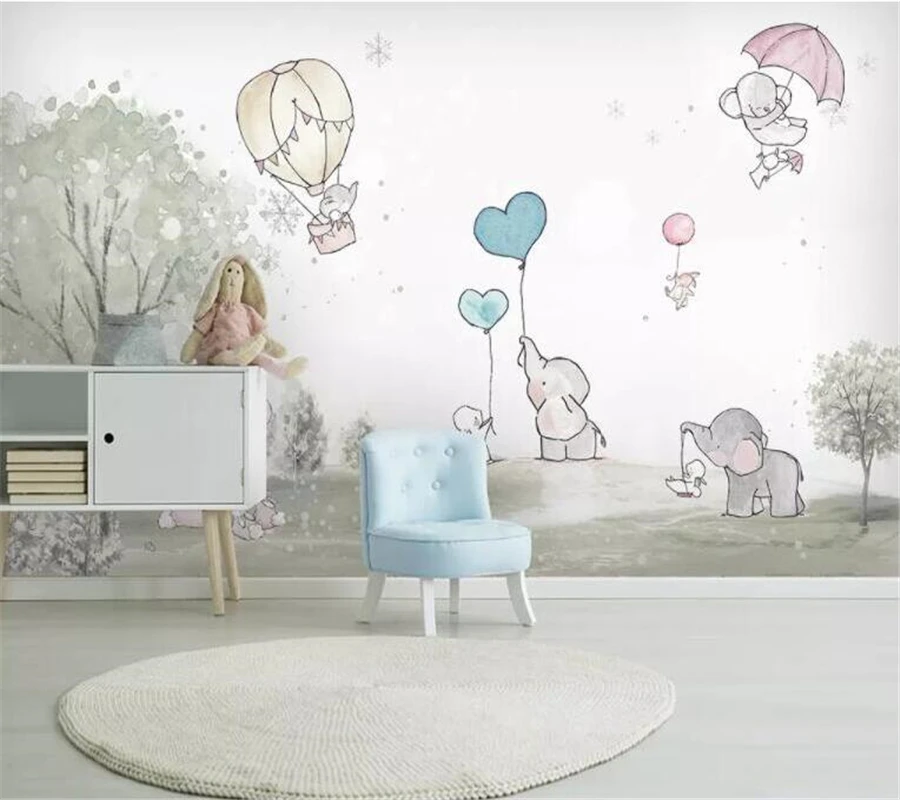 wellyu Custom 3d wallpaper lovely cartoon Elephant Cartoon bear hot air balloon animal room background wall 3d wallpaper