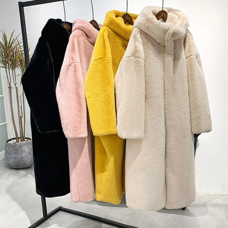 Winter Jacke Frauen Hohe Qualität Faux Kaninchen Pelzmantel Luxus Lange Pelz Jacke Mantel Dicke Warme Große Größe Weibliche Plüsch mäntel